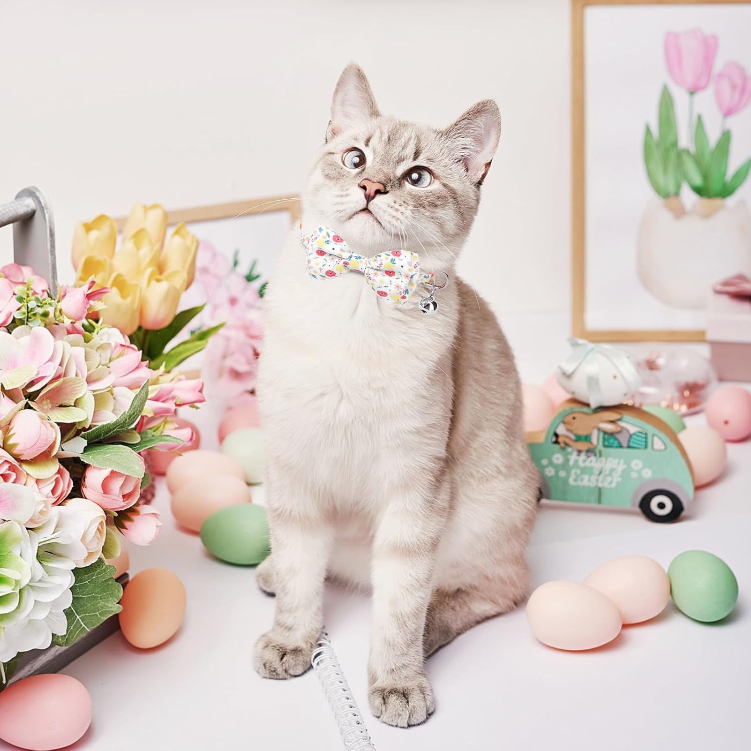 Summer Cat Collar Breakaway with Bells and Bowtie, 2 Pack Cute Leather Cat Bandana Collar with Safety Buckle Adjustable Size for Small Kitten Boys Girls, White+Orange Flower