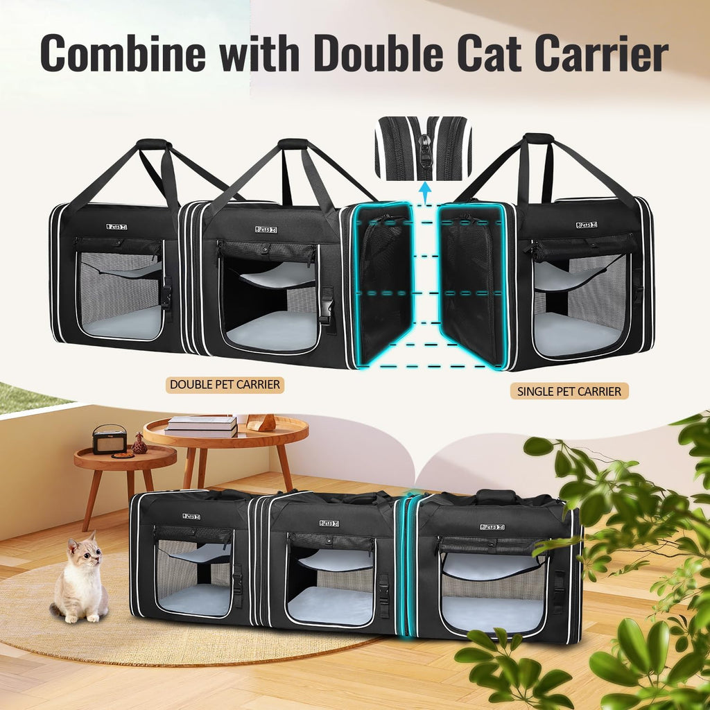 Combinable Pet Car Travel Carrier for a Large Cat/Medium Dog | 18"Lx17"Wx17"H, Small Pet Soft Carriers, Food Bag & Bowl Included, Lockable Safety Zippers, For Car Travel, Vet, Camping