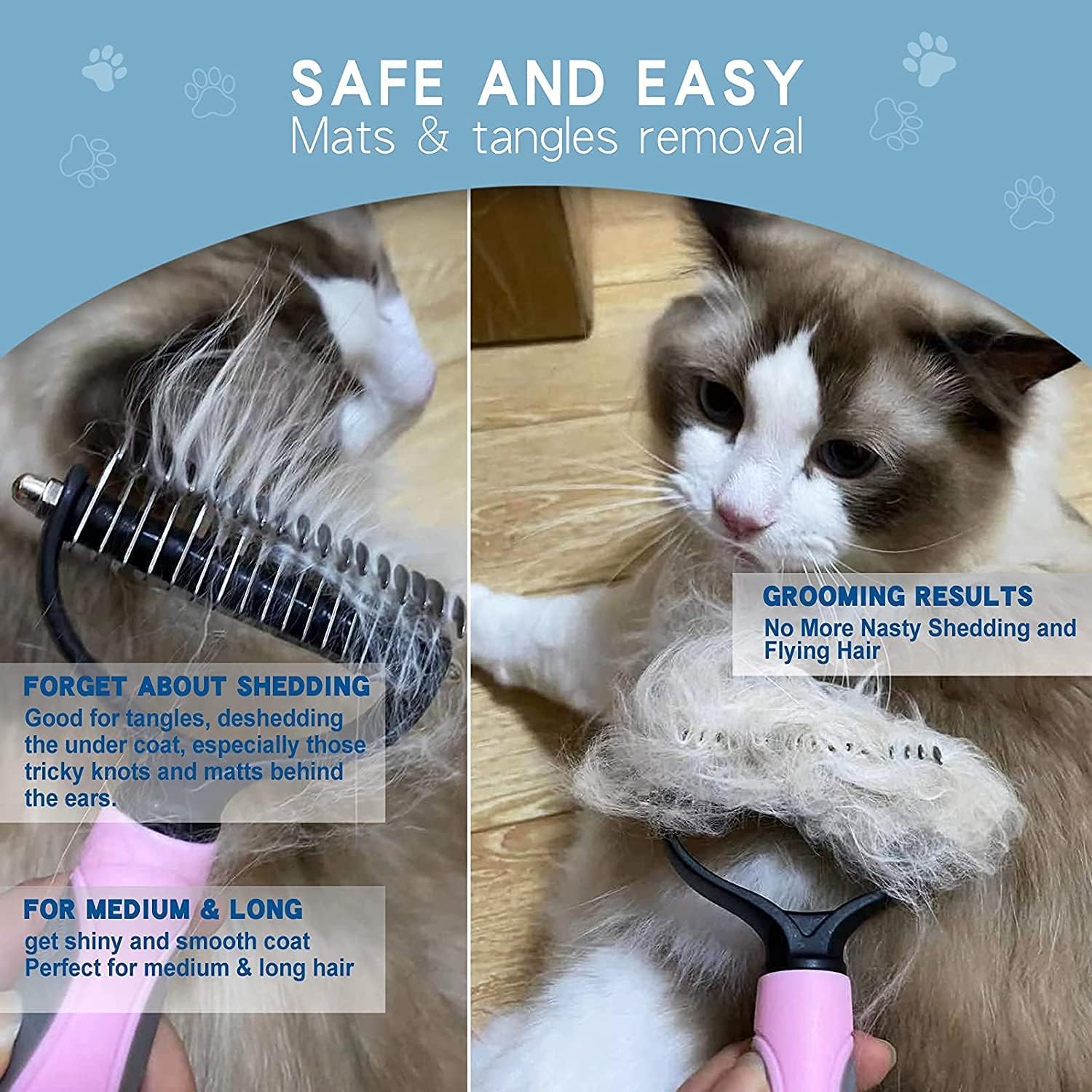 Grooming Tool- Dog and Cat Dematting Comb and Brush with 2 Sided Professional Grooming Rake (Blue, Grey)