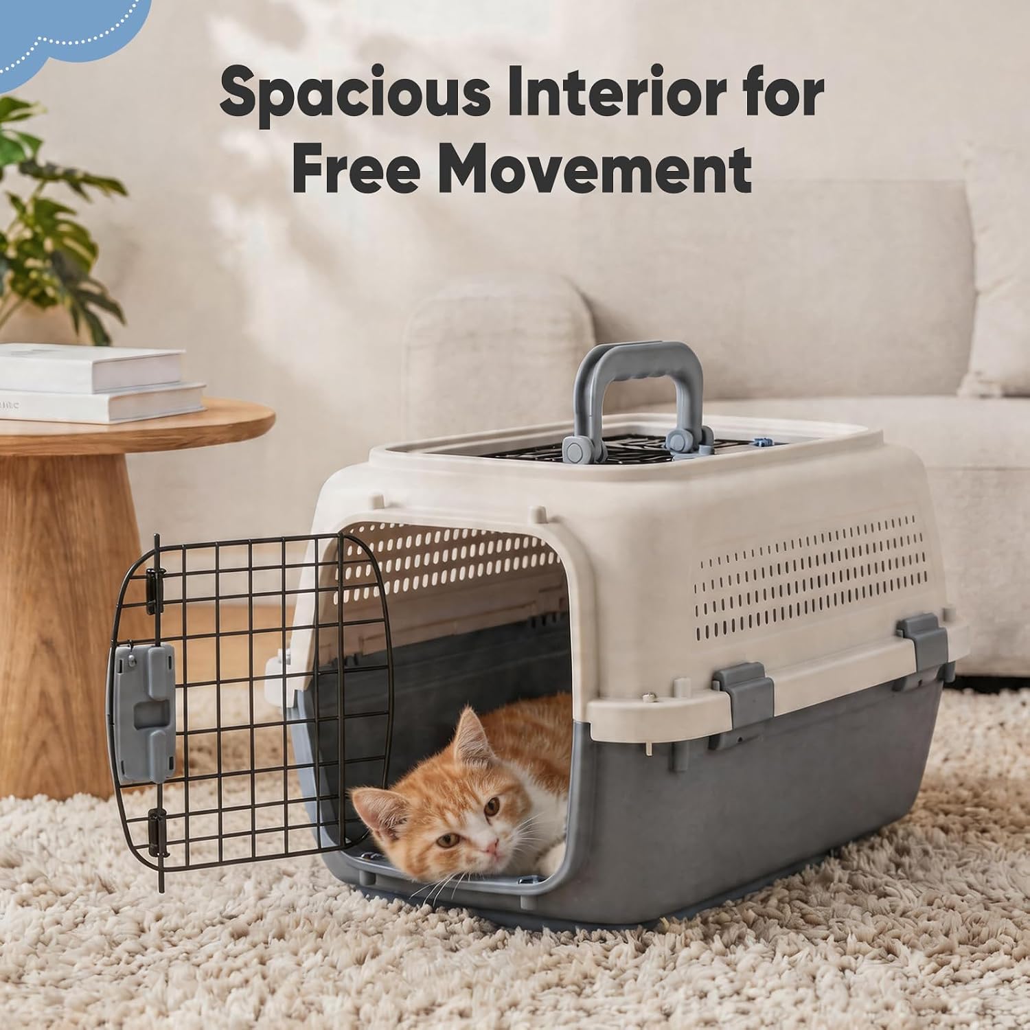 DUMOS 23" Hard-Sided Pet Carrier for Small Pets, 2 Door Cat Carrier, Beige | Airline Approved Dog Crate, Enhanced Security Latches, Front & Top Load Wire Door, Food Bowl for Traveling, Hiking, Camping