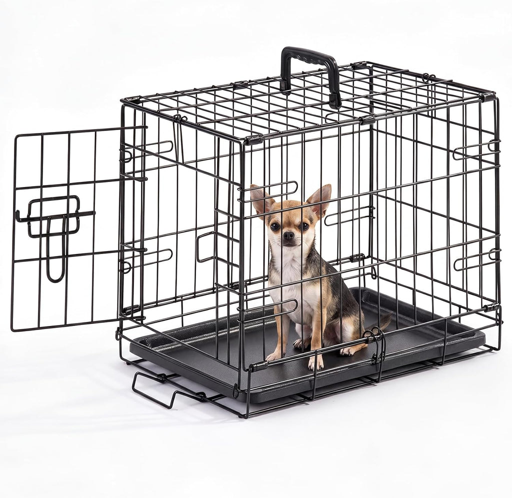 Small Dog Crate 18 Inch Foldable Single Door Dog Cage Pet Kennel | Metal Wire, Secure Lock, Plastic Leak-Proof Pan Tray, Indoor Outdoor Training Pet