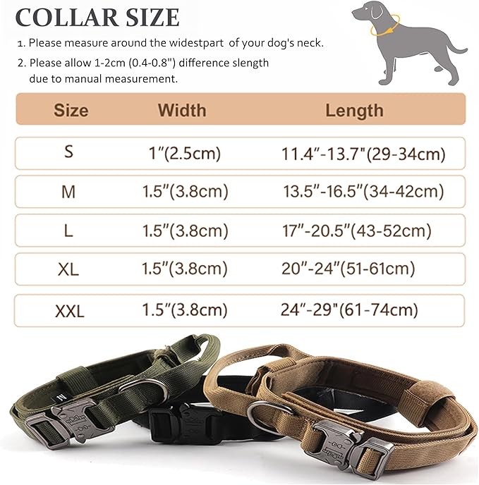 Tactical Dog Collar, Adjustable Military Training Nylon Dog Collar with Control Handle and Heavy Quick-Release Metal Buckle for Small Medium Large Dogs, Black S