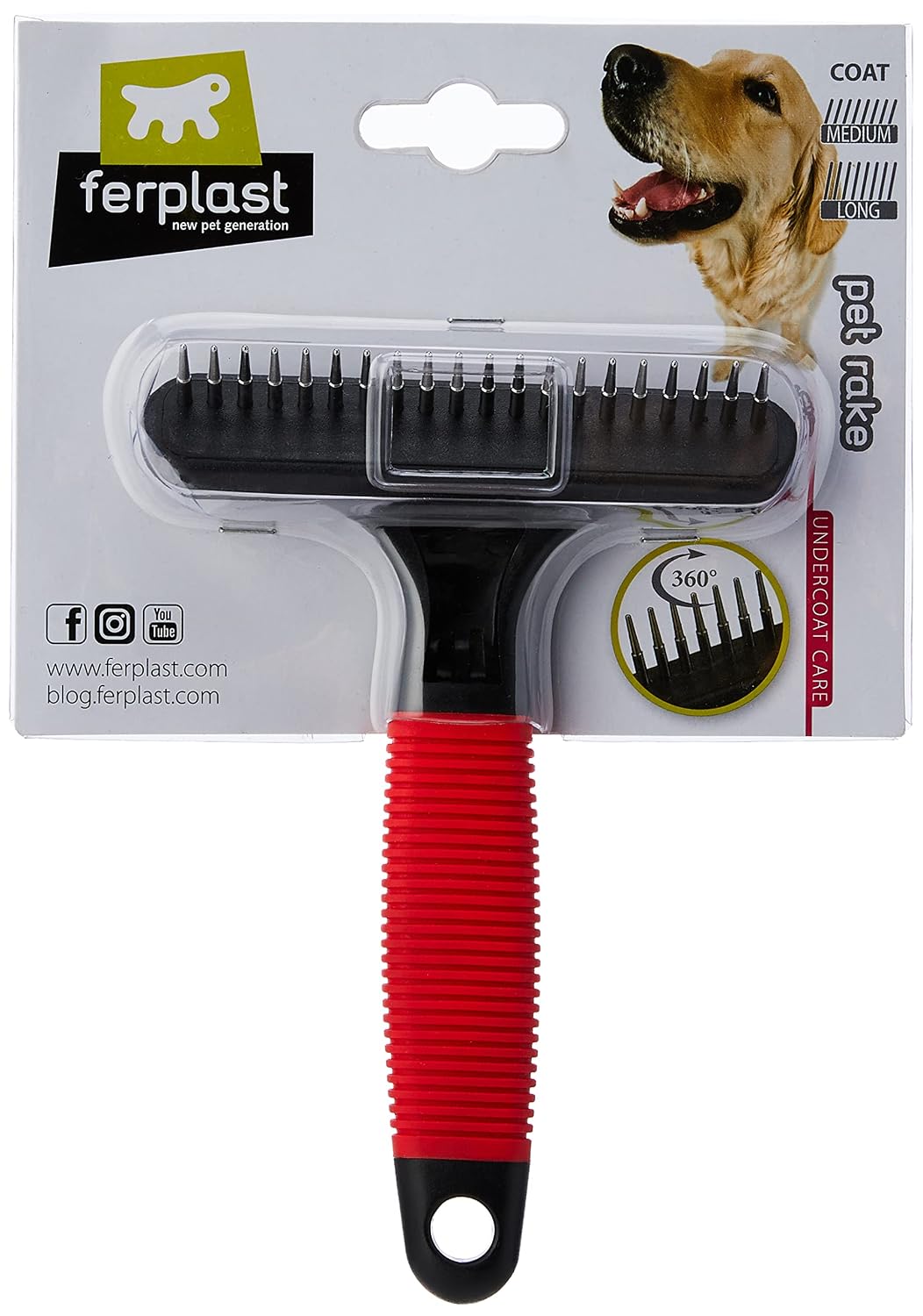 Ferplast Rake comb for dogs GRO 5872, Rounded rotating teeth, Ideal for undercoat of medium and long haired animals, 15,5 x 11 x h 3,3 cm
