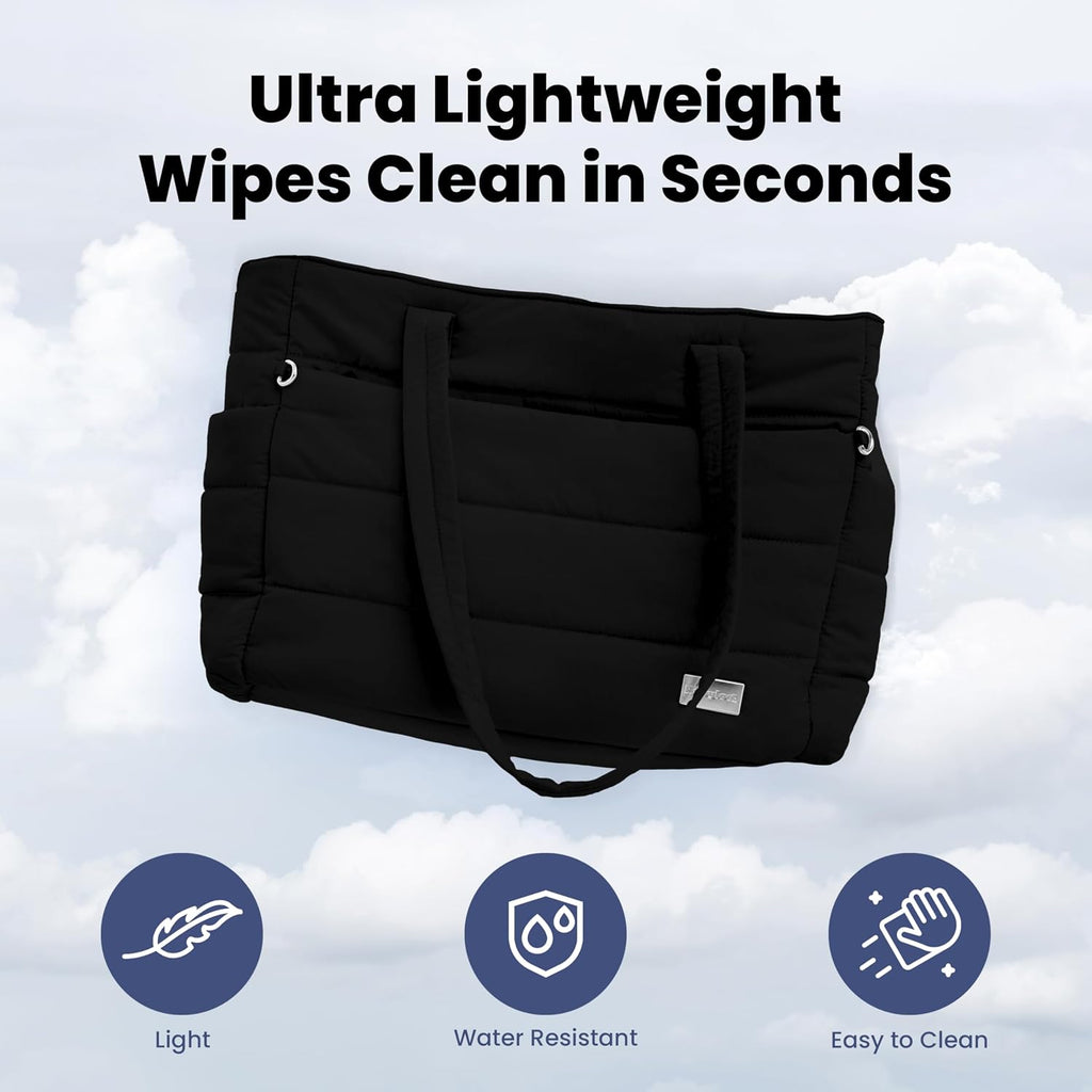 Puffer Dog Travel Bag for Dog Moms, Diaper Bag with Travel Bowls | 2 BPA-Free Collapsible Bowls, 2 Pet Food Containers, 9 Pockets, Everyday Puffer Bag Works With or Without Your Dog, Black