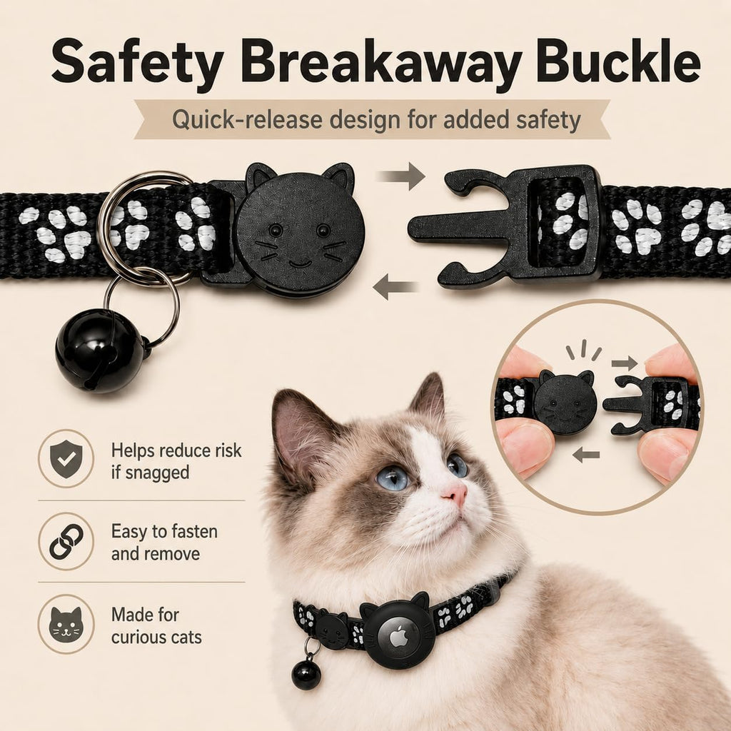 Cat Collar Breakaway 2packs, Reflective Kitten Collar with Apple Air Tag Holder and Bell for Girl Boy Cats, 0.4 Inches in Width and Lightweight (Black)