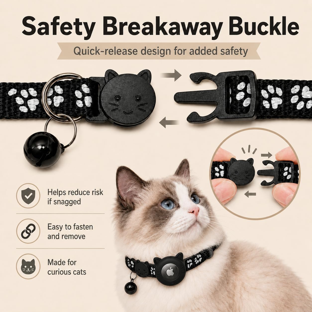 Cat Collar Breakaway 2packs, Reflective Kitten Collar with Apple Air Tag Holder and Bell for Girl Boy Cats, 0.4 Inches in Width and Lightweight (Black)