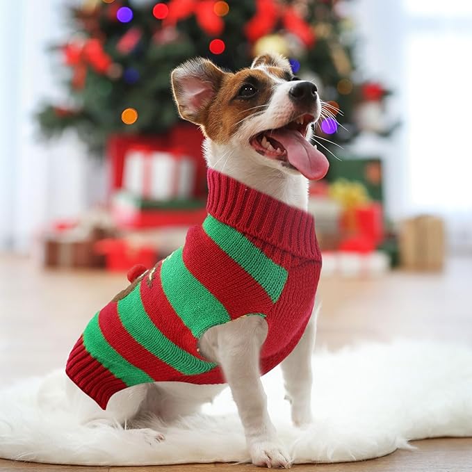 Dog Cat Christmas Sweater Boy Girl Ugly Reindeer Xmas Pet Clothes Holiday Puppy Costume New Year Gifts for Small Medium Large Dogs Outfits (S, Red Green Stripe Reindeer)