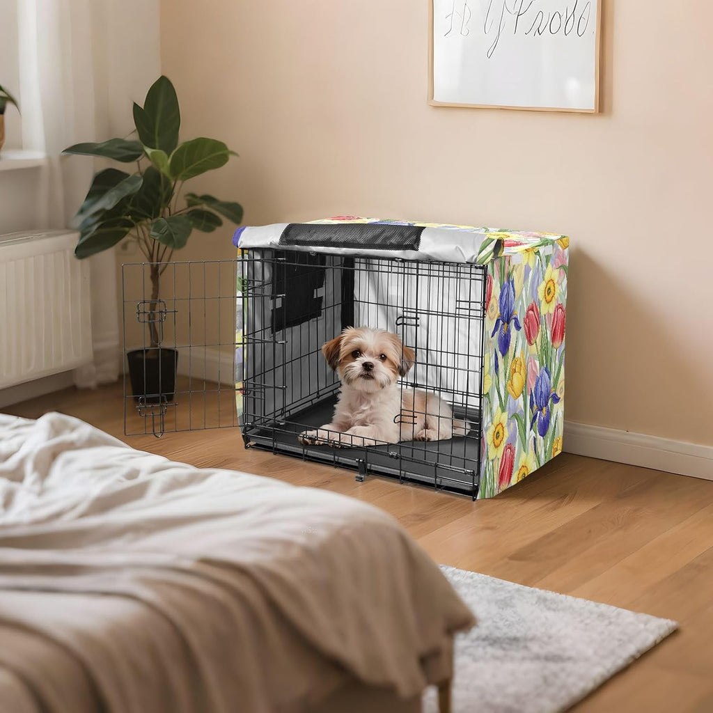 Bright Spring Flowers Dog Crate Cover 600D Oxford Heavy Duty Kennel Cover Mesh Window Soundproof Waterproof Sunshade Universal Fit for 42 inches Wire Cage