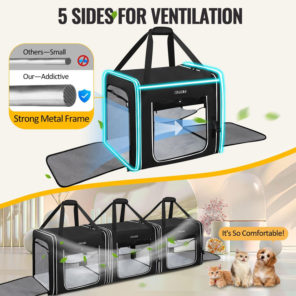 Combinable Pet Car Travel Carrier for a Large Cat/Medium Dog | 18"Lx17"Wx17"H, Small Pet Soft Carriers, Food Bag & Bowl Included, Lockable Safety Zippers, For Car Travel, Vet, Camping