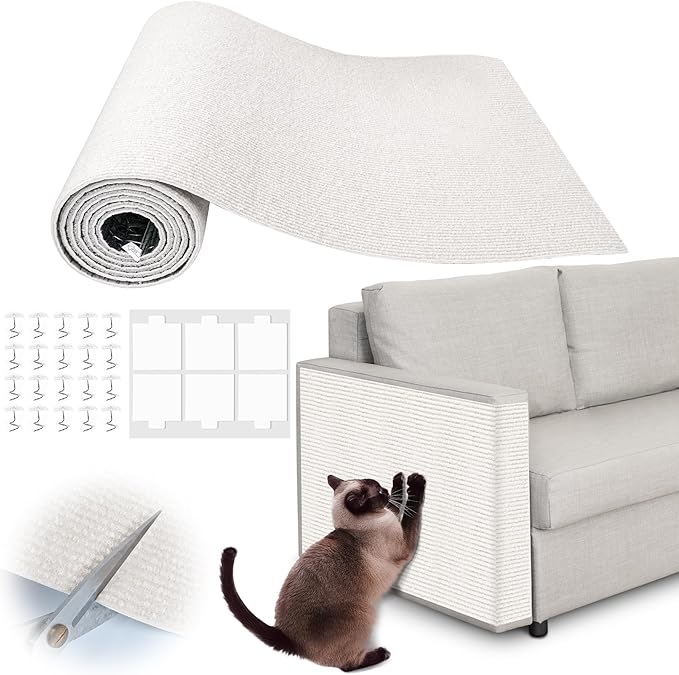 Cat Scratch Furniture Protector - 100" x 13.8" Trimmable Self-Adhesive Cats Claws Scratch Pads, DIY Cat Climbing Couch Protector for Scratch Post Cat Tree Replacement Indoor (Cream White)