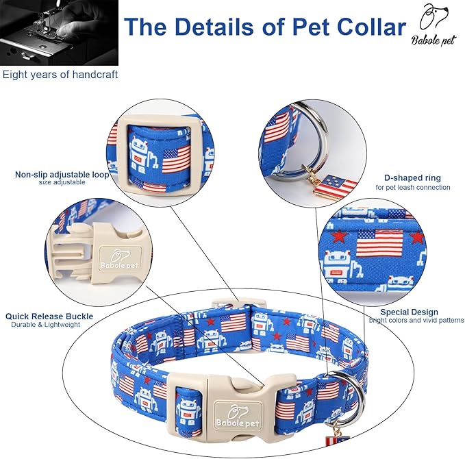 4th of July Dog Collar, Robot Star-Spangled Patriotic Dog Collars for Puppy Small Dogs, Adjustable Lightweight Quick-Release Buckle Collar for Boy&Girl Dogs XS