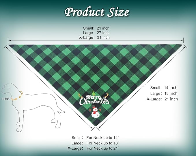 Christmas Dog Bandanas Classic Plaid Triangle Holiday Scarf with Santa and Snowman Print,Winter Pet Outfit for Boy and Girl Dogs,Red Green Plaid Dog Costume for Medium to Large Dogs