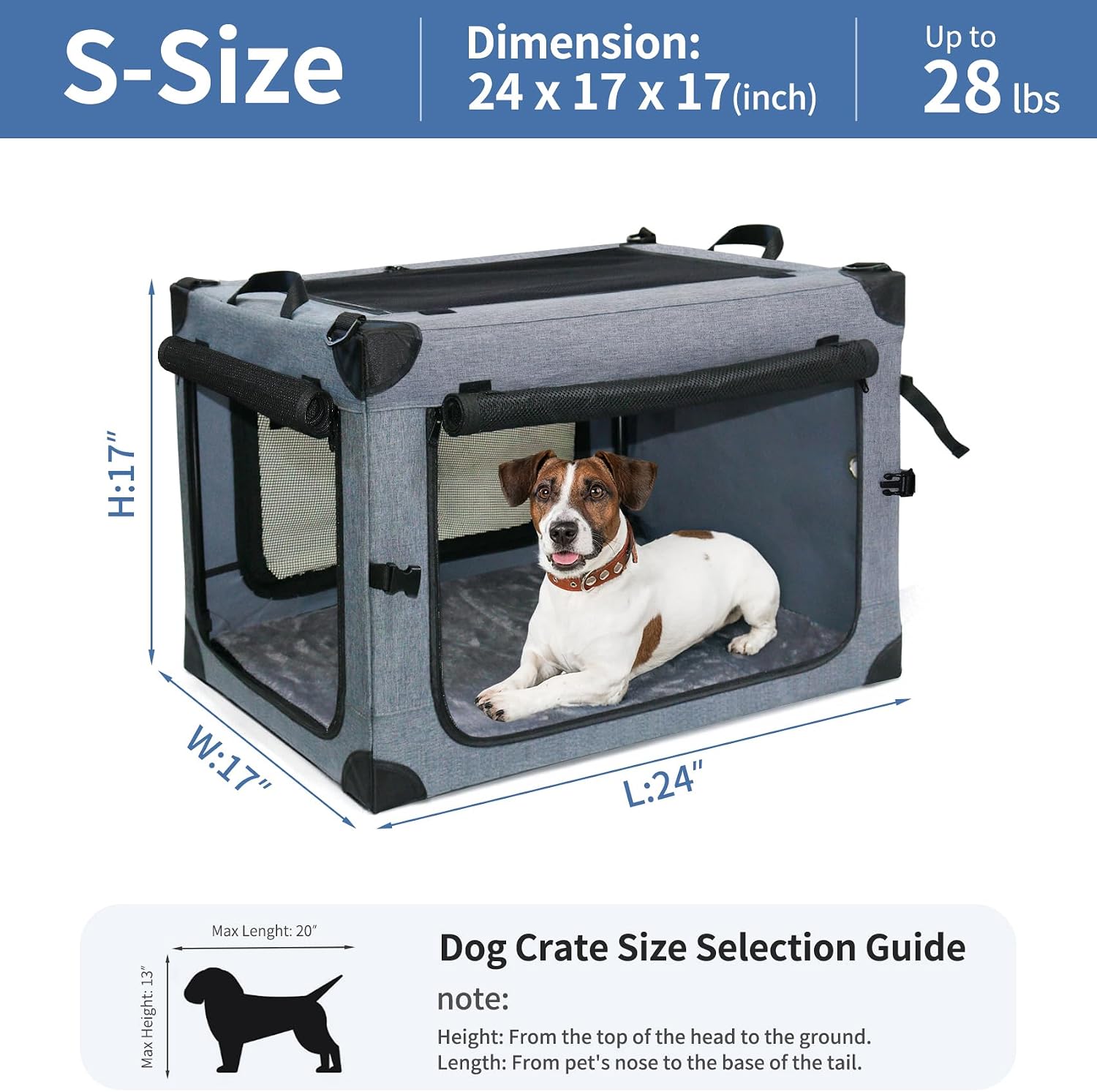NEZUC Collapsible Dog Crates for Large Dogs Portable Soft Sided Travel Dog Carrier for Indoor & Outdoor, 4-Door Foldable Pet Kennel with Durable Mesh Windows (Gray, 24.0" L x 17.0" W x 17.0")