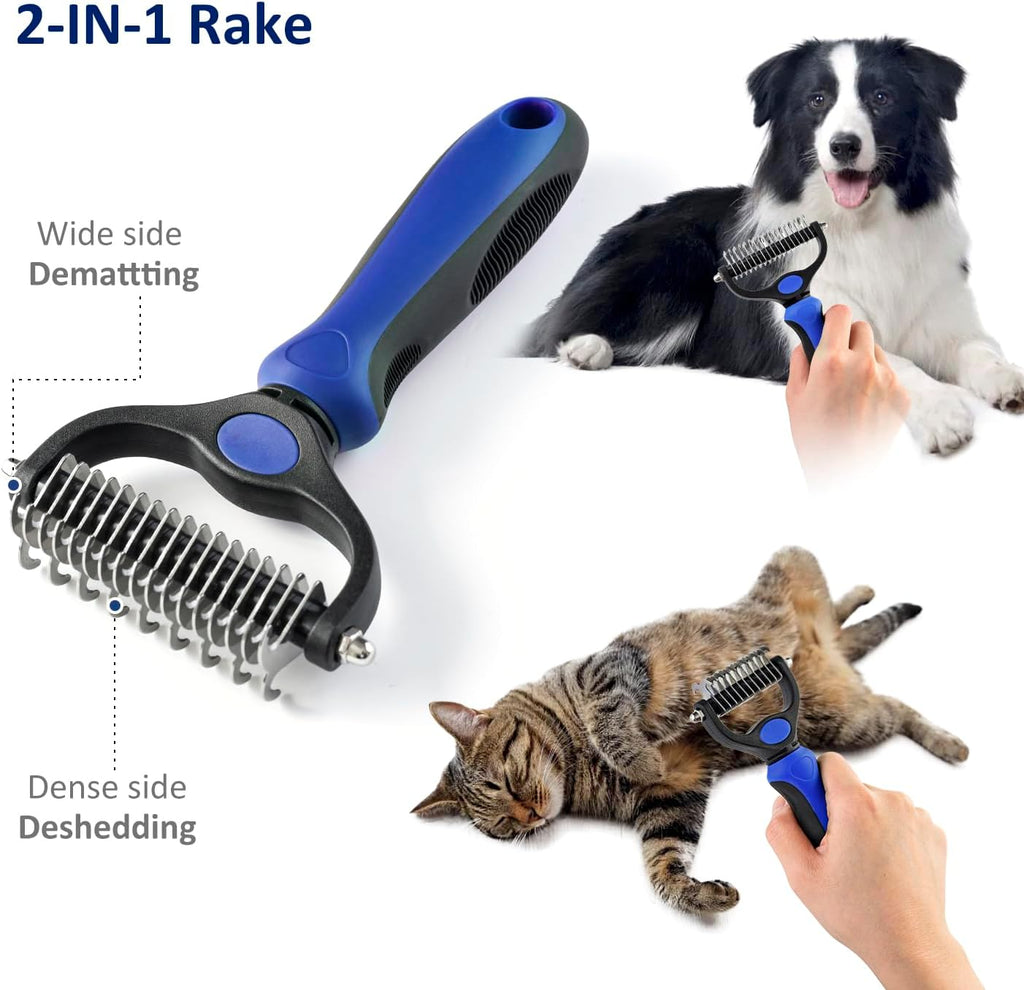 Grooming Rake for Dogs & Cats, Double-Sided Deshedding Brush, Extra-Wide Dematting Tool, Slicker Comb for Undercoat & Loose Hair Removal, Reduces Shedding by 95%, Blue, Small