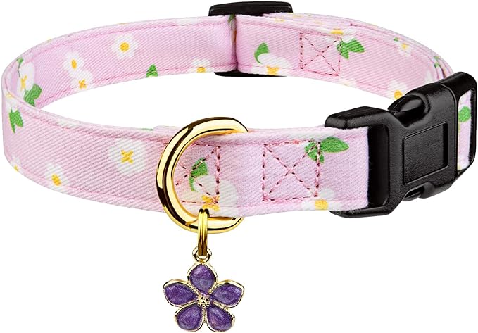 Cotton Handmade Dog Collar Cute and Distinctive Patterns Purple Flower with Pendant for Girl Boy Dogs Collars M