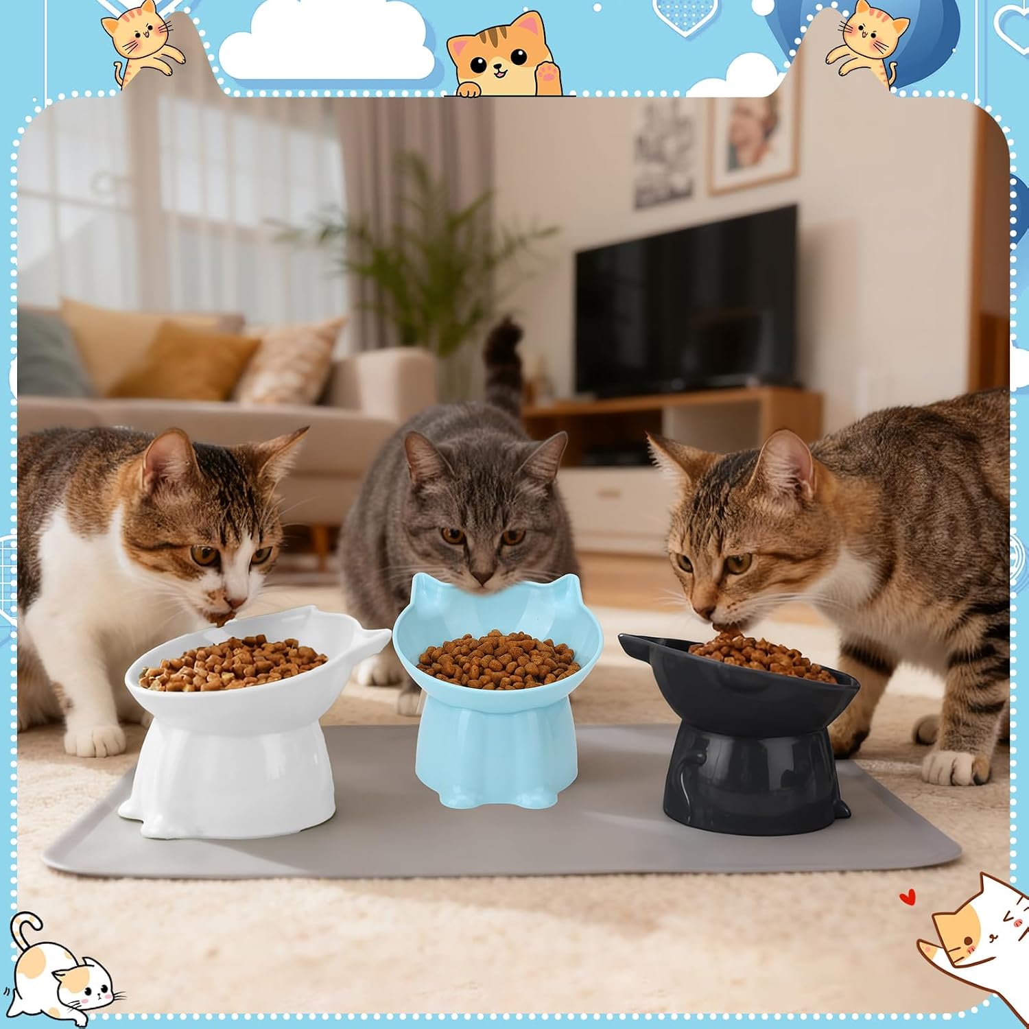 3 Pcs Elevated Cat Bowls 15°Raised Cat Food Bowl with Silicone Mat Blue | Whisker Friendly Anti Vomiting Cats Dishes Pet Food and Water Bowls for Indoor Cats Kittens