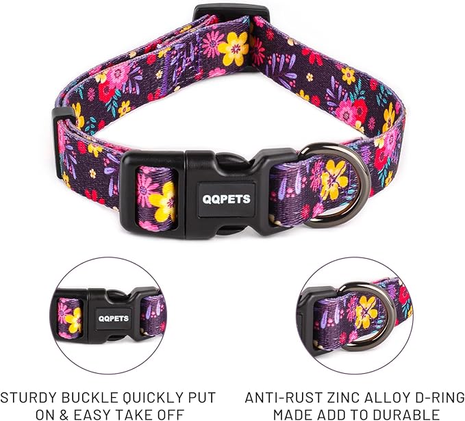 QQPETS Adjustable Soft Dog Collar: Print Flower Pink Multicolor Cute Patterns for XS Small Medium Large Pet Girl Boy Puppy Walking Running Training (M, Elegant Purple)