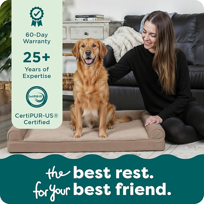 Furhaven Orthopedic Dog Bed for Large Dogs w/ Removable Bolsters & Washable Cover, For Dogs Up to 95 lbs - Luxe Faux Fur & Performance Linen Sofa - Woodsmoke, Jumbo/XL