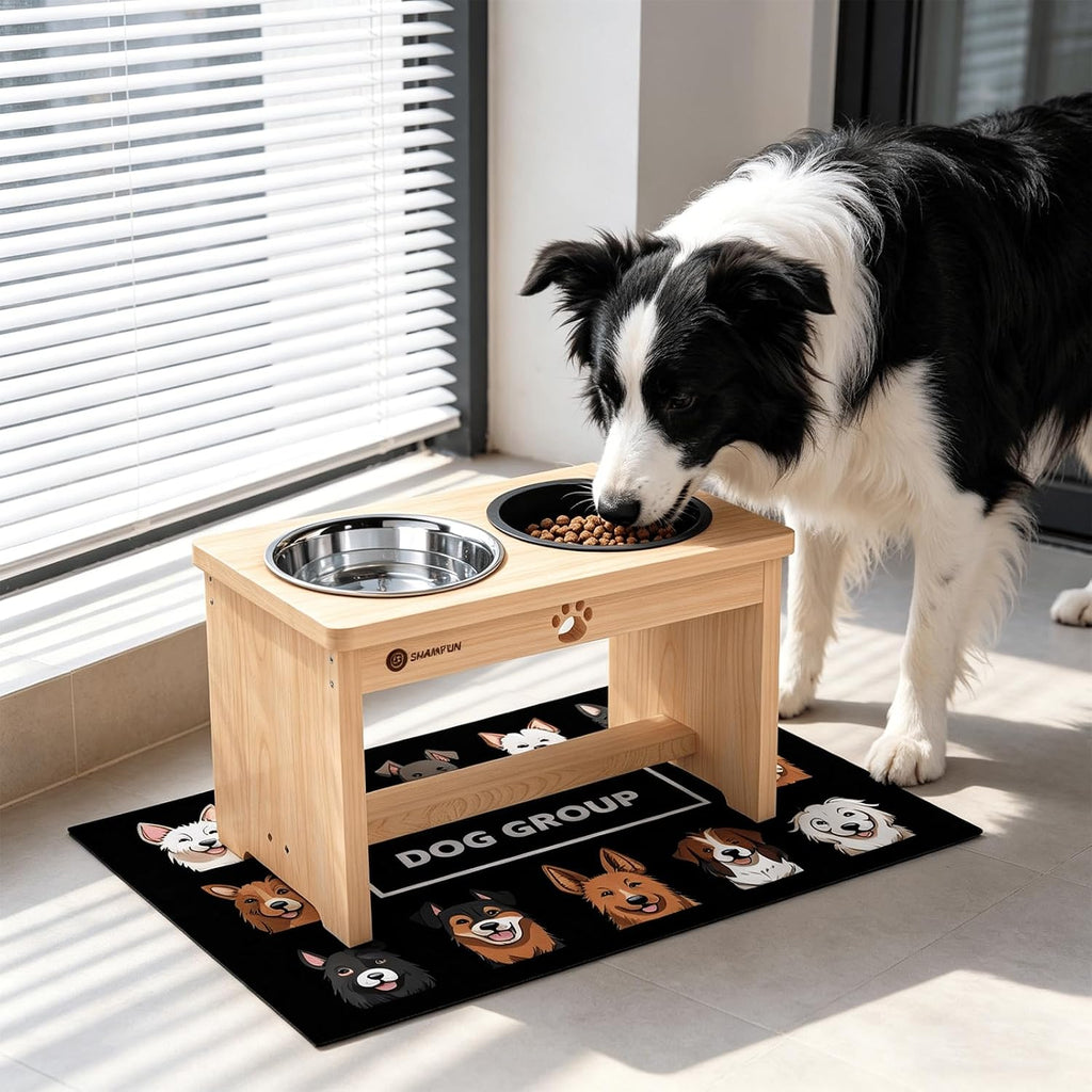 SHAINFUN Elevated Dog Bowls with Slow Feeder & Mat for Medium and Large Dogs, 10" Tall Wooden Raised Dog Bowl Stand, 2 Stainless Steel 58oz Bowls for Food & Water