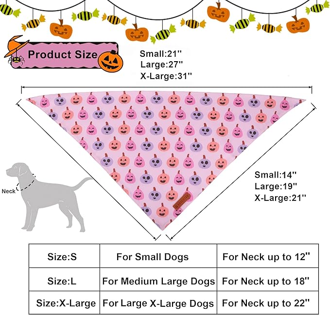 ADOGGYGO Pink Halloween Dog Bandanas 2 Pack, Reversible Ghost Pumpkin Scarf Bib, Adjustable Fit Pink Halloween Bandana for Extra Large Dogs Girl (X-Large)