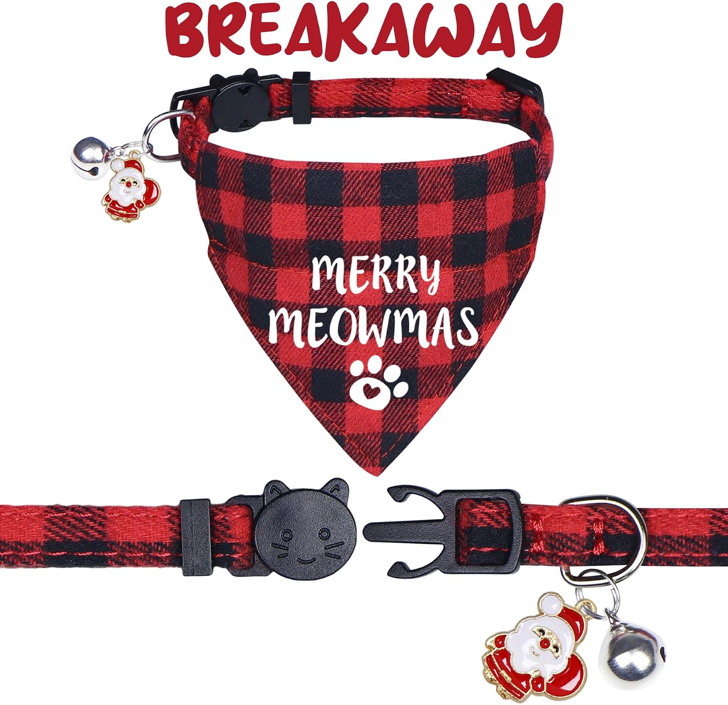 STMK 2 Pack Christmas Cat Bandana Collar with Bell, Breakaway Holiday Cat Kitten Bandana Collar with Bell for Cats Costumes Outfits (Merry Meowmas & Santa's Favorite)
