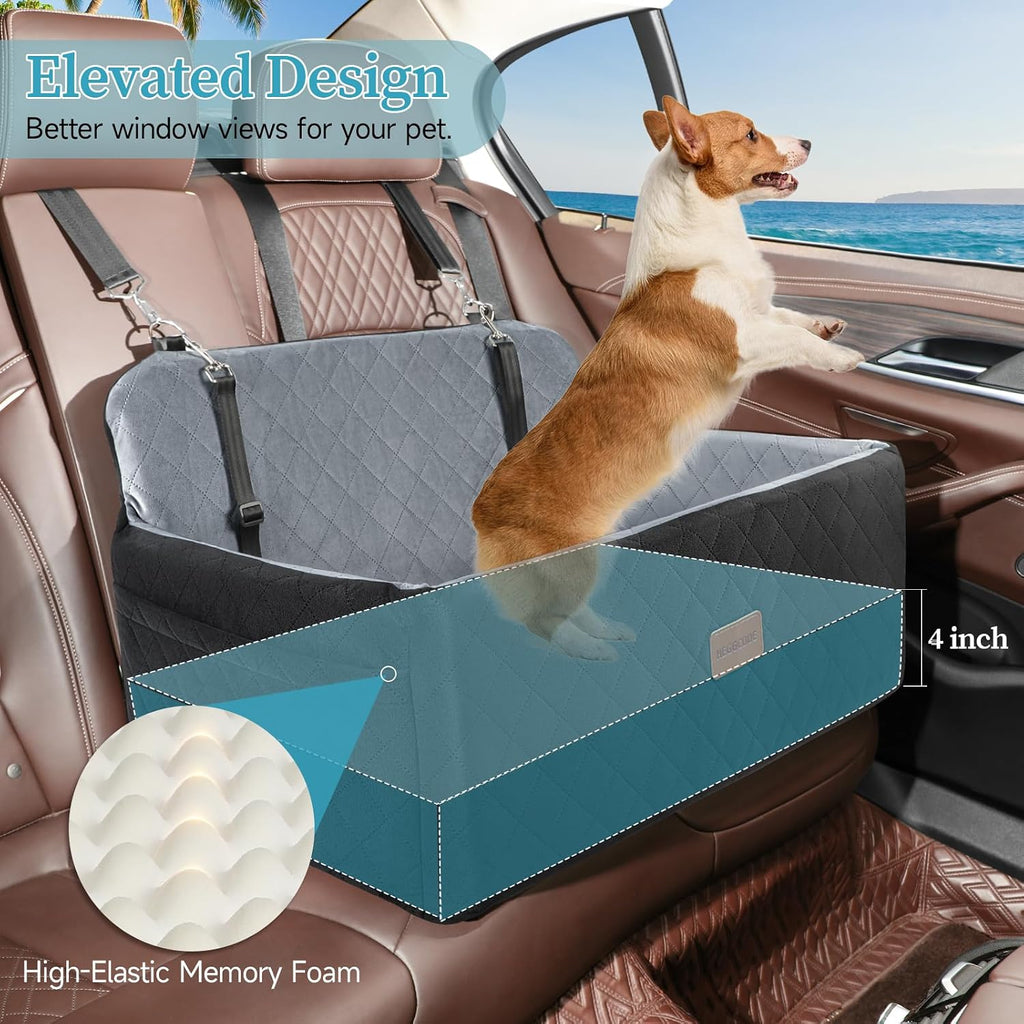 HEGGCOOE Dog Car Seat for Medium/Large Dogs, Pet Booster Seat for Up to 55 lbs or 2 Small Dogs, Detachable & Washable Dog Car Bed for Backseat with 2 Safety Leashes (Black/Grey)