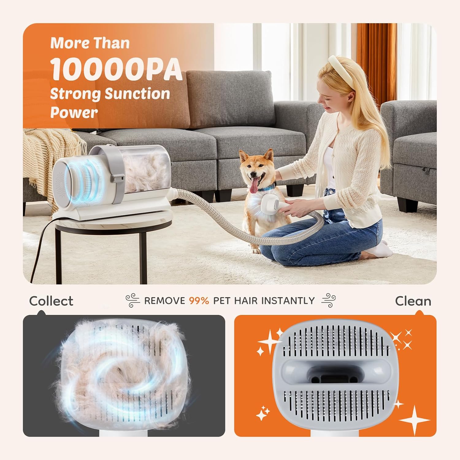 DUMOS Pet Grooming Vacuum Kit, 3 Adjustable Suction Modes | Dog Hair Clipper, 5 Professional Grooming Tools with Low Noise Cat Hair Clippers, 2.5L, Ivory