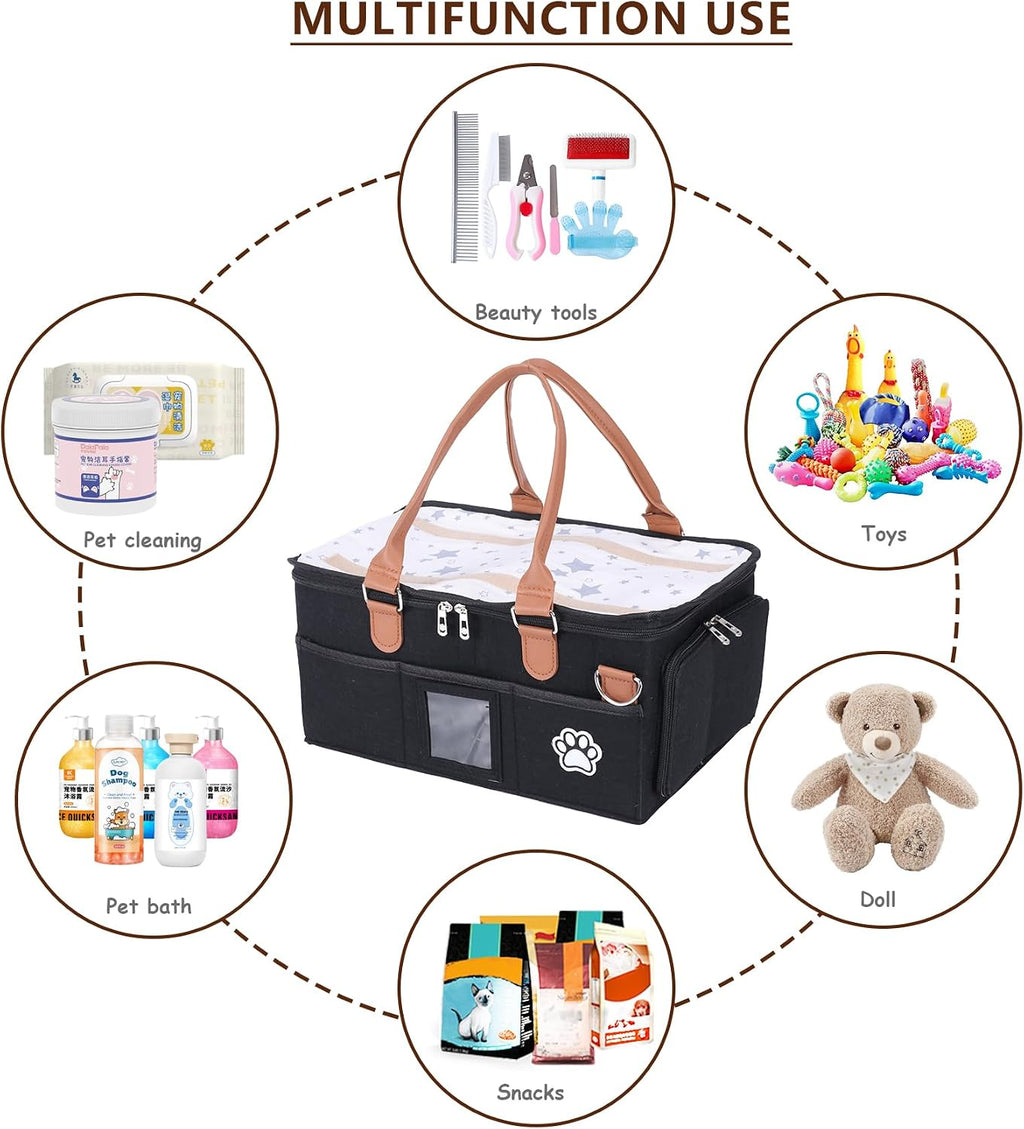Felt Dog Grooming Bag,Portable Tote Bag for Dogs Cats,Dog Storage Organizer for Grooming Tool Kit,3 Compartments Pet Stuff Oganizers with 8 Pockets-Black