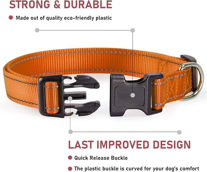 Reflective Dog Collar with Buckle Adjustable Safety Nylon Collars for Small Medium Large Dogs, Orange M