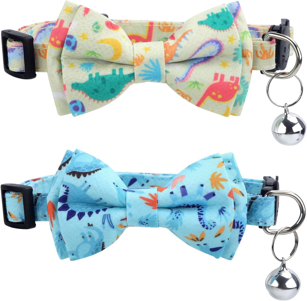 Dinosaur Cat Collar, Cute Dinosaur Bow Tie Cat Collar with Bells Breakaway Bowtie Kitten Collar Dinosaur Pattern Adjustable Cat Collar for Kittens Puppies