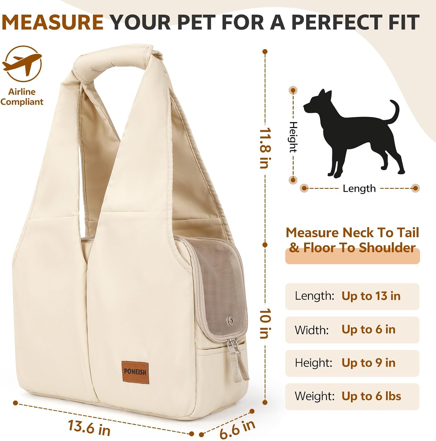 Dog Purse Carrier for Small Dogs and Cats, Soft-Sided Pet Tote Bag with 6 Large Pockets, Collapsible Travel Puppy Carrier with Small Cushion, Fits Pets up to 6 lbs (Beige, 13.6" L x 6.6" W x 10" H)