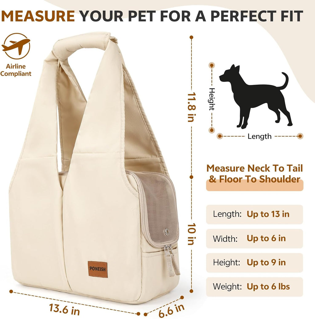 Dog Purse Carrier for Small Dogs and Cats, Soft-Sided Pet Tote Bag with 6 Large Pockets, Collapsible Travel Puppy Carrier with Small Cushion, Fits Pets up to 6 lbs (Beige, 13.6" L x 6.6" W x 10" H)