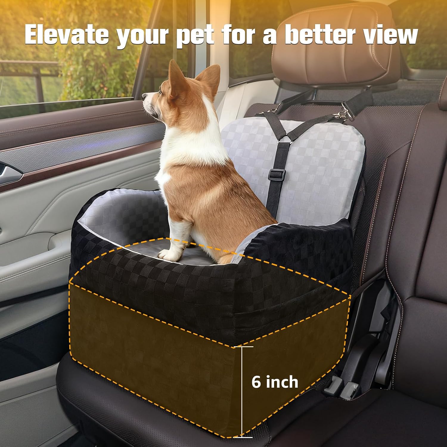 Waterproof Dog Car Seat for Small Medium Dogs, 6in Memory Foam | Pet Booster Seat for Dogs up to 26 lbs with Pockets, Detachable Washable Pet Carseat with Y-Shape Safety Belt