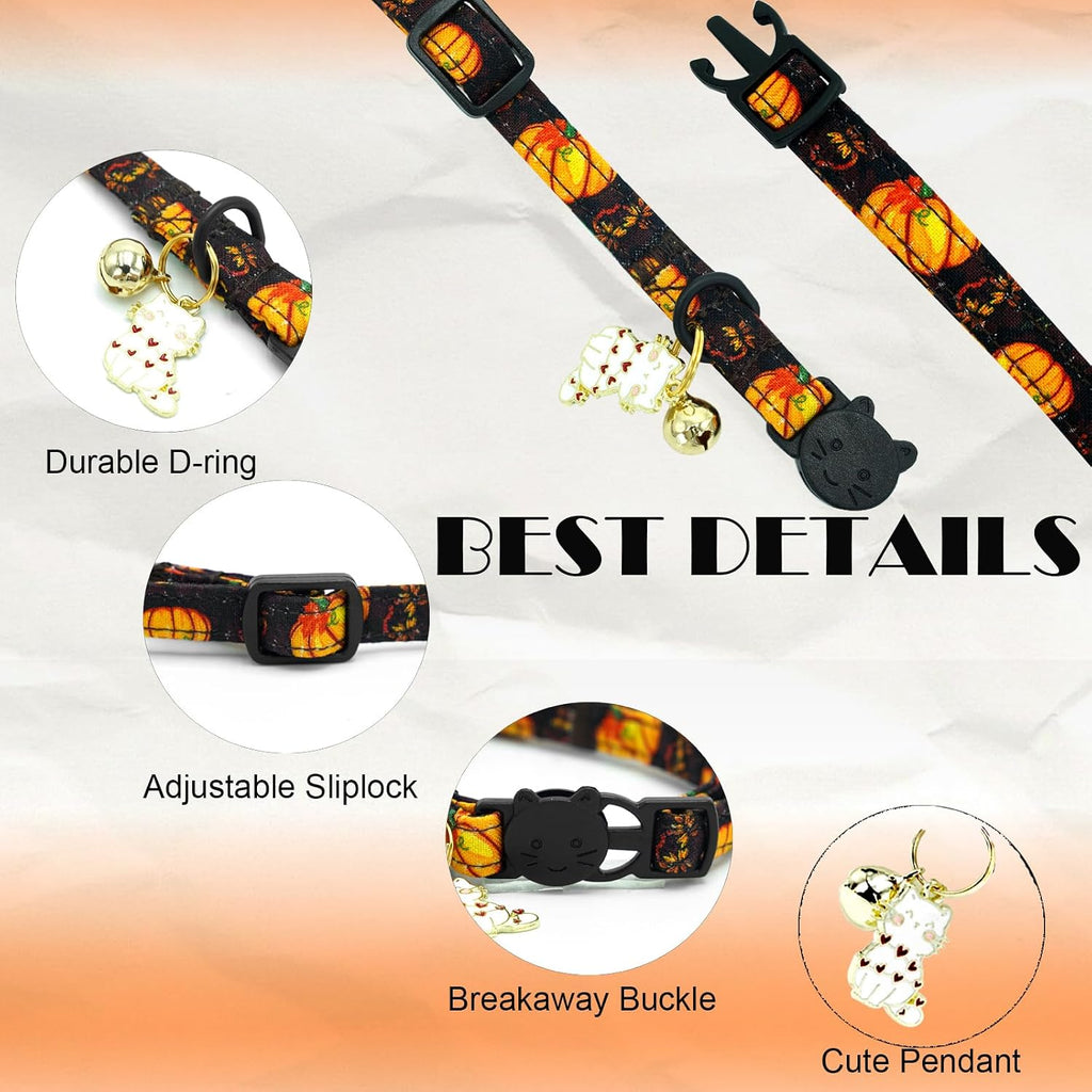 Halloween Cat Collar-2 Pack Pumpkin Print Fall Cotton Breakaway Cat Collars with Bell Pendant Kitten Boy Girl Safety Adjustable Collar for Small Cats Puppy