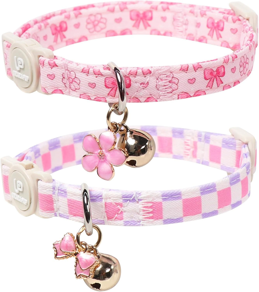 Cat Collar, 2Pack Pink Floral and Purple Plaid Pattern Cats Collars-Cute Summer Breakaway Cat Collar with Bell & Pendant, Pretty Plaid Kitten Collars for Girl & Boy Cats, 7-12Inch