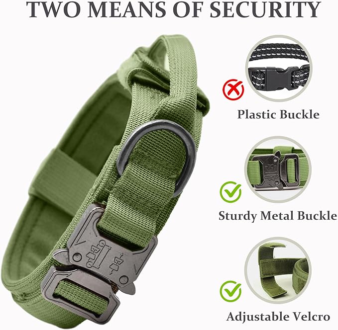 Tactical Dog Collar, Adjustable Military Training Nylon Dog Collar with Control Handle and Heavy Quick-Release Metal Buckle for Small Medium Large Dogs, Green L