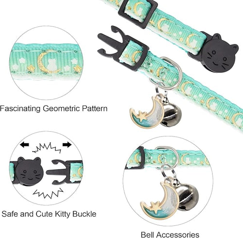 2 Pack Breakaway Cat Collar with Bells,Adjustable Moon and Star Kitten Safety Collars for Boys & Girls,Black+Teal