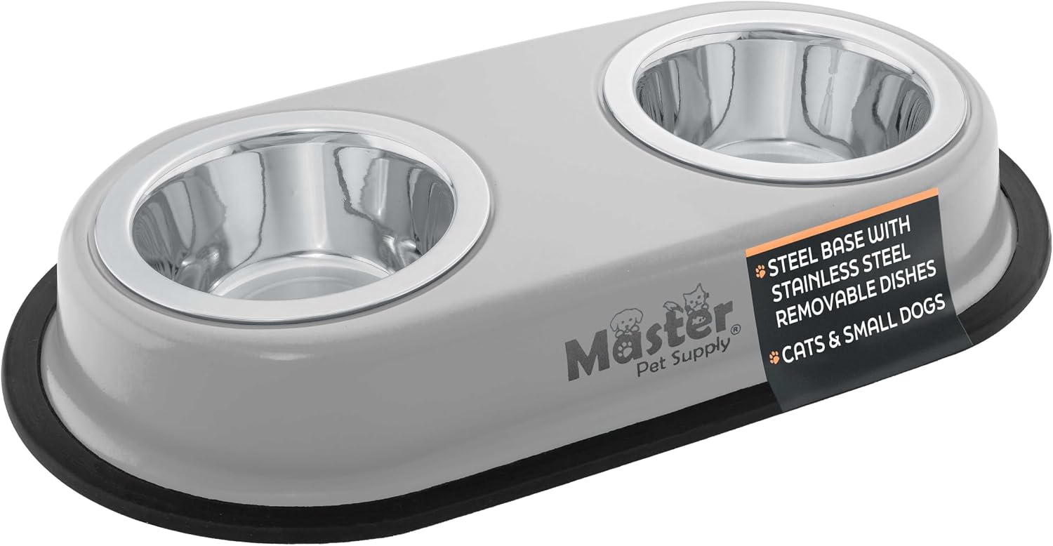 Master Pet Supply Double Dog Bowls Set with Elevated Base and 2 (8 oz) Stainless Steel Removable Dishes (Light Gray) – Double Cat Food Water Bowl, Dog Puppy Food Bowl Set, Rust Resistant