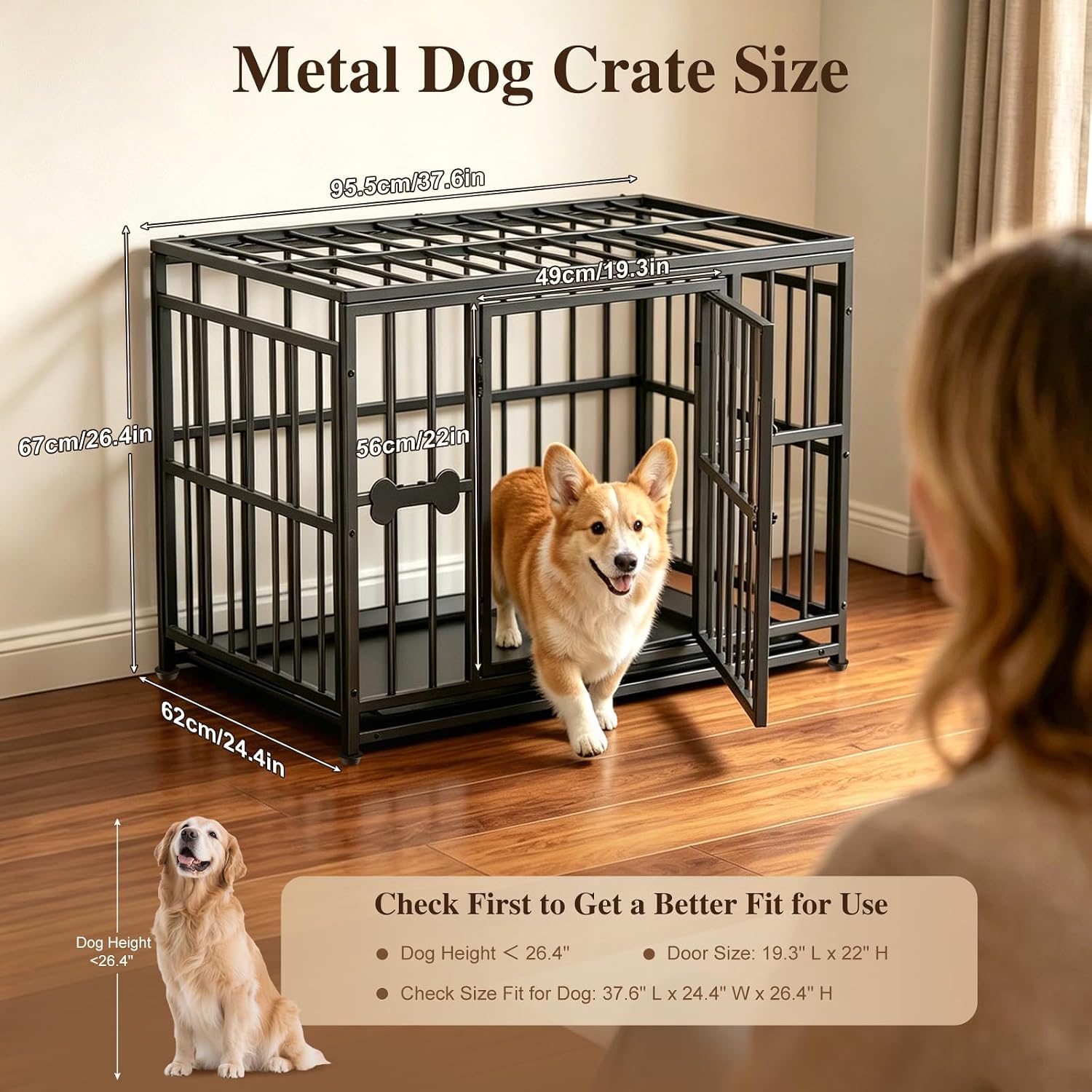 Pawaboo 38 Inch Heavy Duty Dog Crate, with Removable Tray, Escape Proof | Dog Kennel, 0.5 Inch Iron Tube Thickened Dogs Crate for Medium and Small Dogs, Easy to Clean, Black