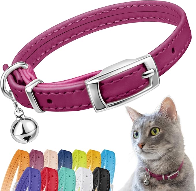 CollarDirect Leather Cat Collar with Bell - Kitten Collar, Small and Big Cat Collar for Boy Cats, Girl Cats with Safety Elastic Strap (Neck Fit 8"-11", Pink)