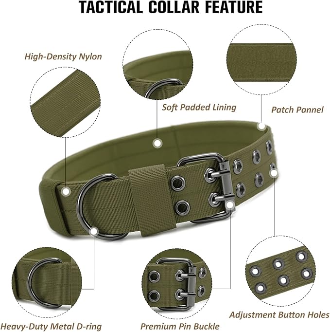 Tactical Dog Collar with Handle, Military Adjustable Heavy Duty Metal Buckle Dog Collars Soft Nylon Training Collar for Medium Large Dogs (Green, Medium)