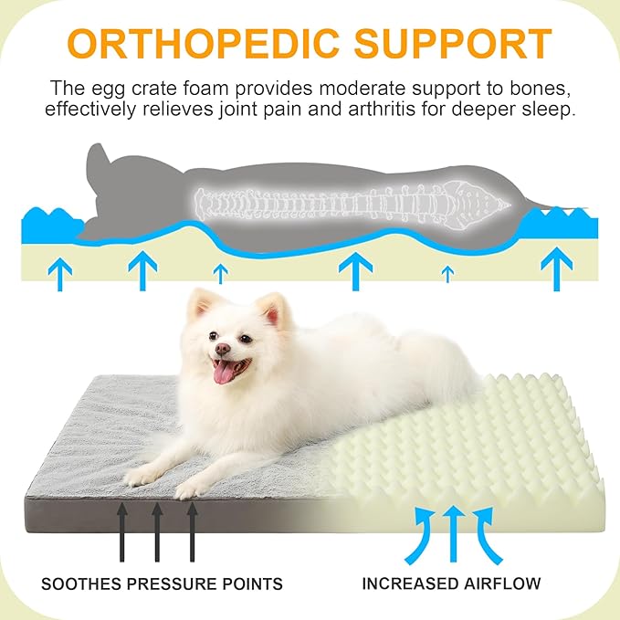 KSIIA Orthopedic Dog Bed - Waterproof Crate Bed for Small Dogs, Deluxe Plush Washable with Egg Crate Foam & Removable Cover, 23 x 17 Inch, Gray