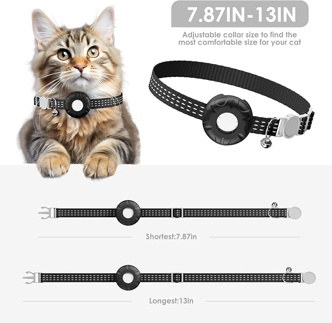 Cat Tracker, Lightweight GPS Tracker Compatible with Apple Find My App(Only iOS), Waterproof Cat Trackers Collar with Bell and Safety Elastic Buckle, Real-Time Location Pet Tracker, Black