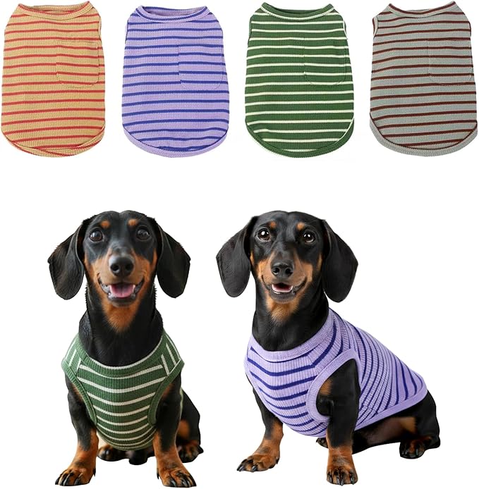 Dog Clothes, Stripe Dogs Shirts for Small & Medium Breeds, Pet Tank Top, Breathable Waffle Fabric Puppy Outfit, Shirt for Chihuahua, Yorkie, Dachshund, Corgi (4Pack, Large)