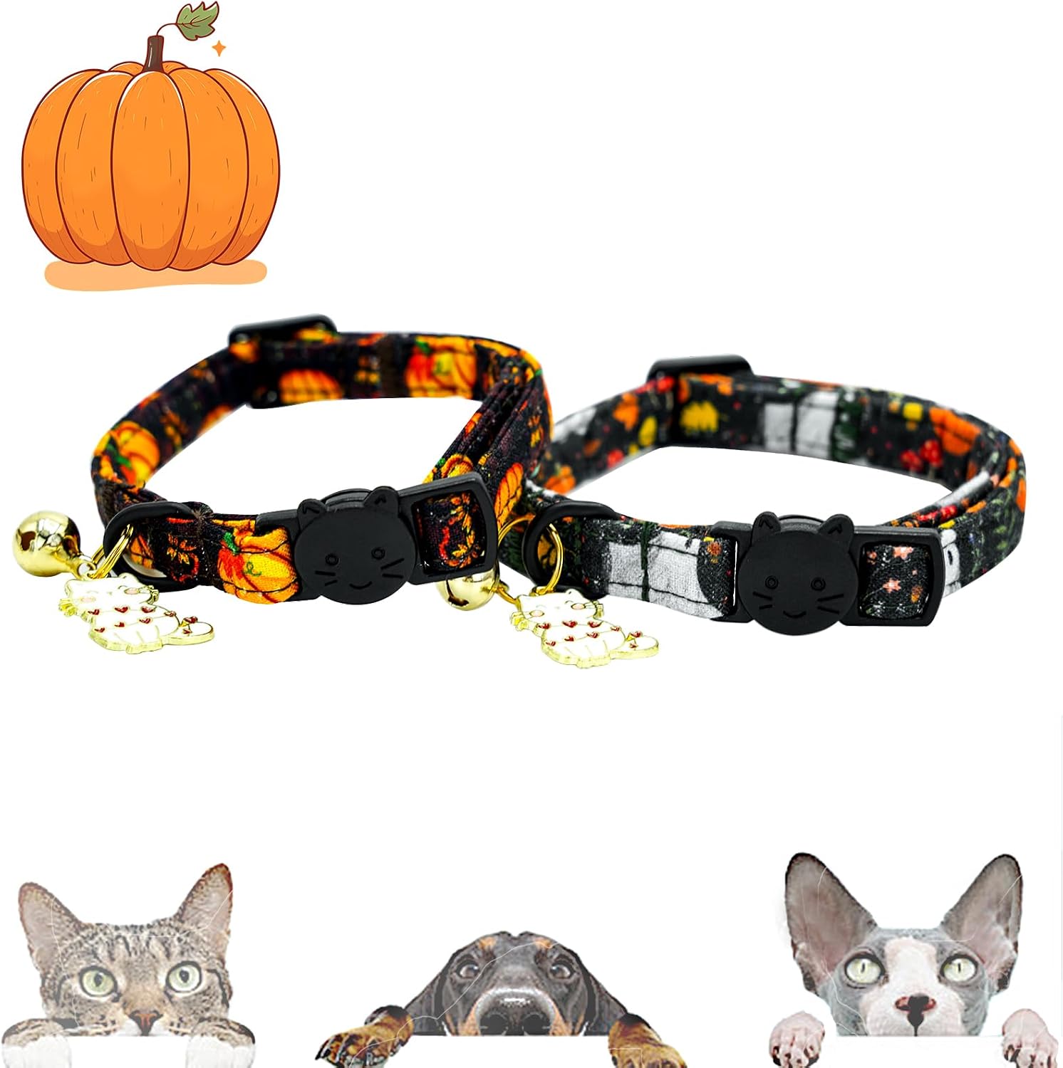 Halloween Cat Collar-2 Pack Pumpkin Print Fall Cotton Breakaway Cat Collars with Bell Pendant Kitten Boy Girl Safety Adjustable Collar for Small Cats Puppy