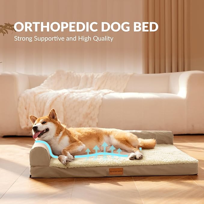 Patas Lague Orthopedic Jumbo Dog Bed for Extra Large Dogs 56''X40'', Waterproof L Bolster Pet Sofa Beds with Removable Washable Cover, Soft Comfortable Pet Couch Crate Mat with Nonskid Bottom, Cream