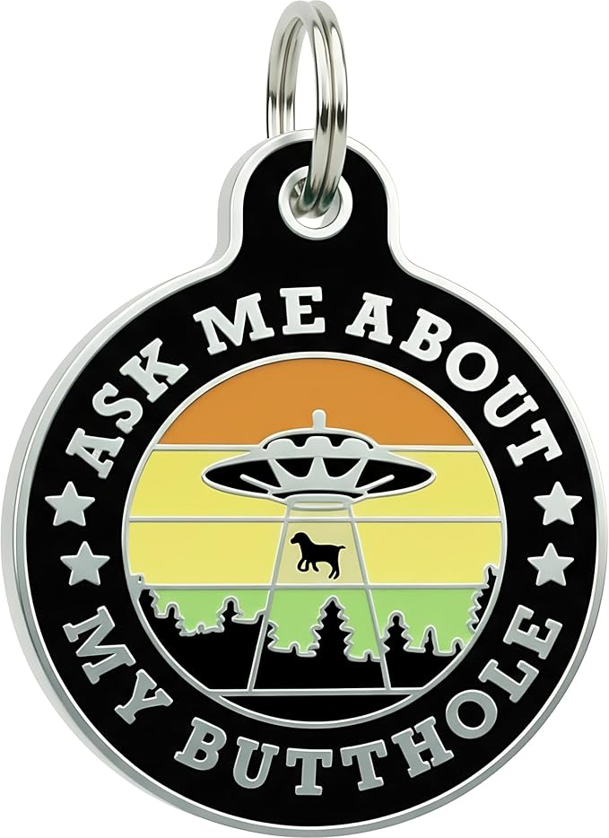 Bad Tags Personalized Dog and Cat ID Tags in 25+ Designs and 2 Sizes - 5 Lines of Custom Engraved Text - Funny Cute Personalized Pet Tags (Ask Me About My Butthole - Black, Large (1.25 inch))
