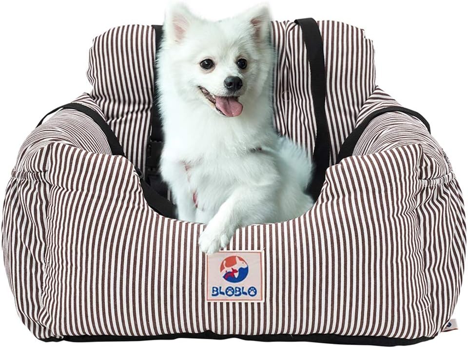 BLOBLO Dog Car Seat Pet Booster Seat Pet Travel Safety Dog Bed for Car with Storage Pocket (Coffee Stripe)