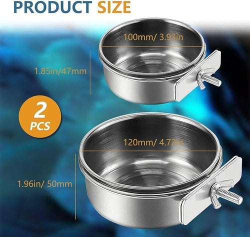 2Pcs Stainless Steel Bird Feeding Bowls, Small Bird Feeding Cup, Stainless Steel Parrot Food Bowl Cage with Holder, Parrot Cage Water Feeder, Pet Cage Cup Holder (Dia 3.93", 4.72",)