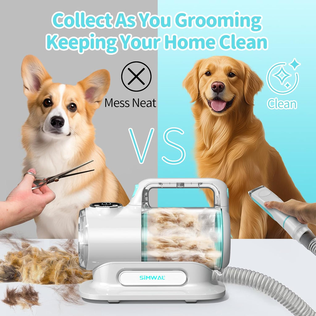Dog Grooming Clippers Vacuum Kit - 11000PA Suction Powerful Dog Hair Vacuum - 6 in 1 Low Noise Cat Shedding Brush Trimmer Tool with 1.5L Dust Cup for Cleaning Pet Hair (6 Accessories)